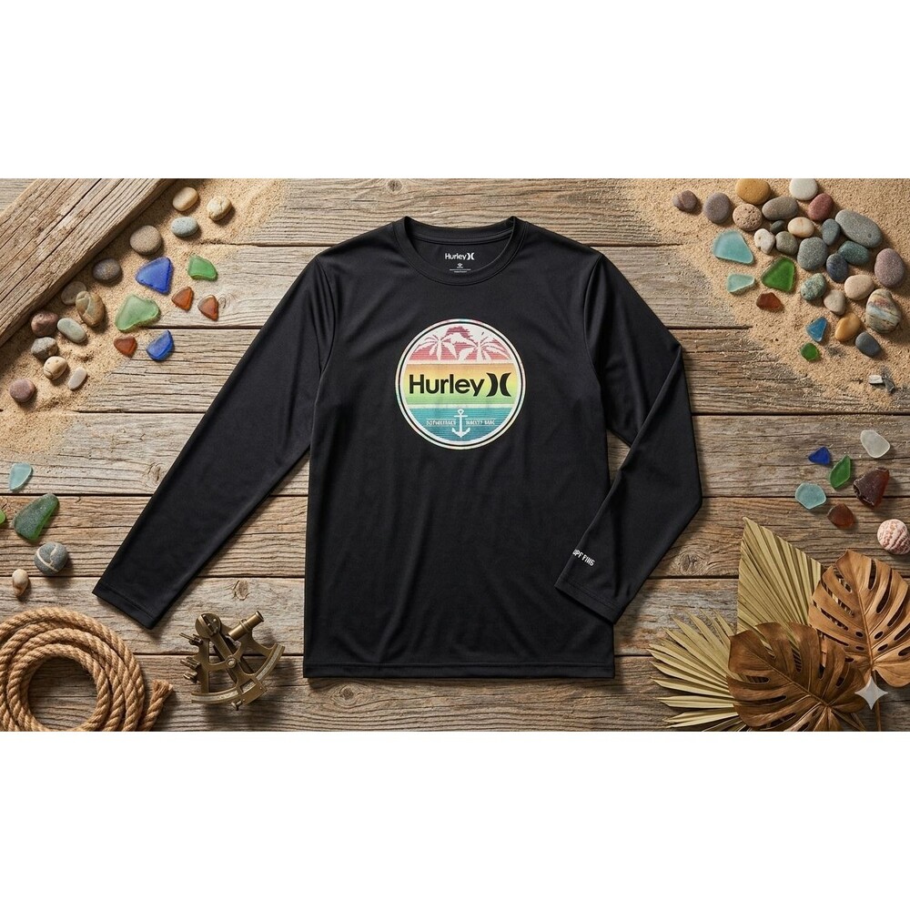 Hurley H2O‑Dri Youth 14/16 Long Sleeve UPF 50 Surf Shirt Black Tropical Logo